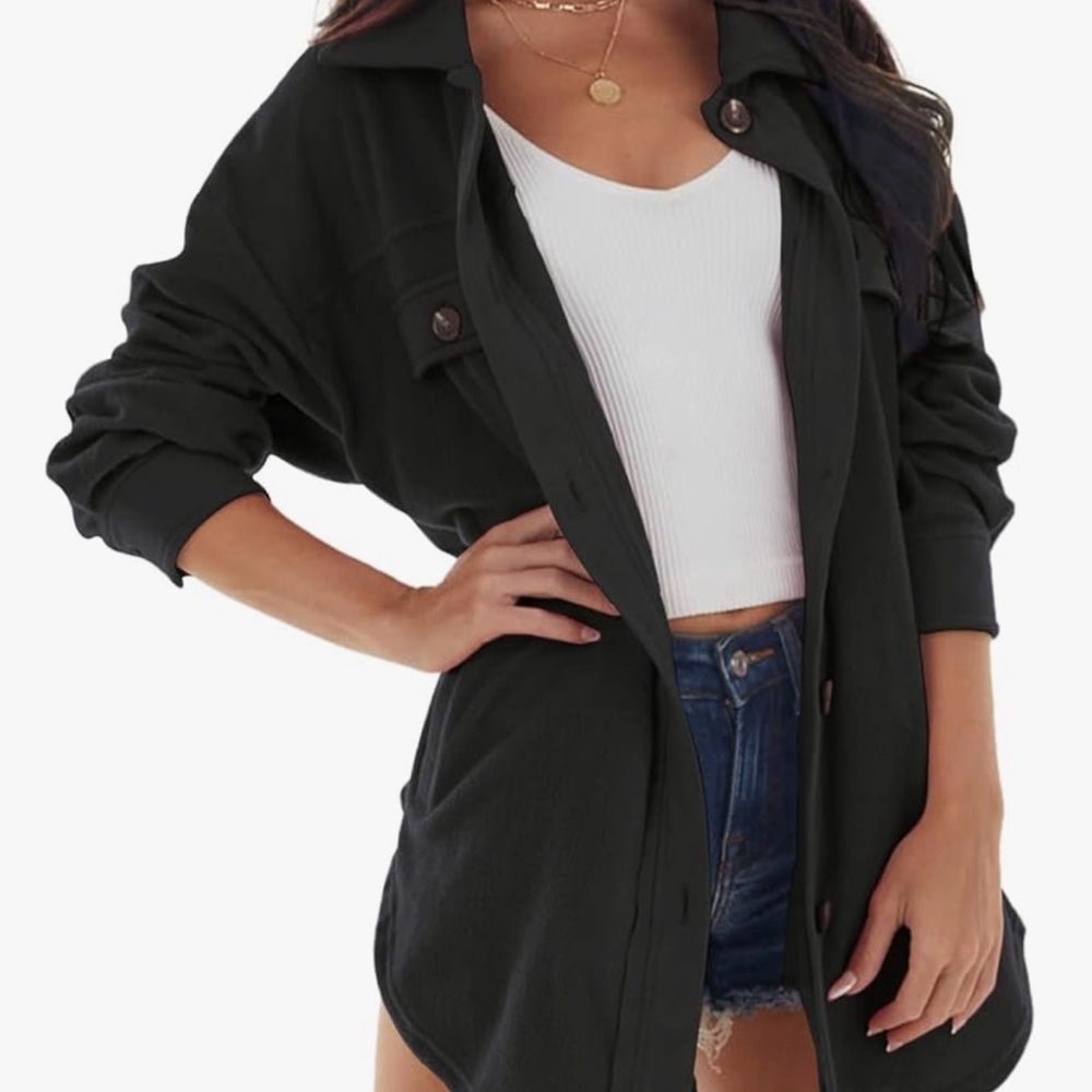 Black Women's Fleece Button Down Shacket